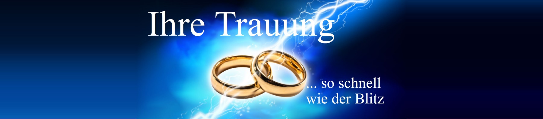 Ihre Trauung – so schnell wie der Blitz: Eheschließung mit Stellvertreter, symbolisiert durch zwei goldene Eheringe vor blauem Blitz